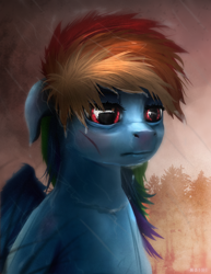 Size: 1480x1920 | Tagged: safe, artist:kaine, derpibooru import, rainbow dash, pegasus, pony, cut, female, rain, sad, solo