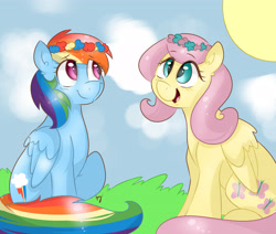 Size: 5609x4763 | Tagged: dead source, safe, artist:bloodyhellhayden, fluttershy, rainbow dash, pegasus, pony, absurd resolution, cute, duo, floral head wreath, smiling, sun