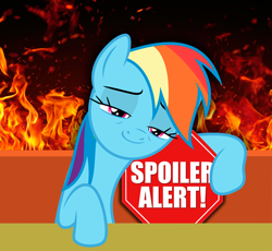 Size: 720x661 | Tagged: safe, derpibooru import, rainbow dash, pegasus, pony, fire, sign, solo