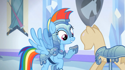 Size: 1365x768 | Tagged: safe, screencap, rainbow dash, pegasus, pony, the crystal empire, blue coat, female, mare, multicolored mane, solo