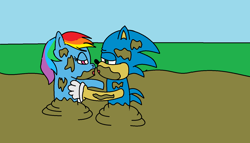 Size: 1572x900 | Tagged: safe, artist:amateur-draw, derpibooru import, rainbow dash, pegasus, pony, 1000 hours in ms paint, crossover, interspecies, kissing, male, ms paint, mud, mud bath, muddy, op is a cuck, shipping, sonic the hedgehog, sonic the hedgehog (series), sonicdash, straight