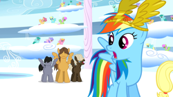 Size: 1280x720 | Tagged: safe, derpibooru import, screencap, applejack, dizzy twister, dumbbell, hoops, lyra heartstrings, merry may, orange swirl, parasol, quarterback, rainbow dash, rainbowshine, sassaflash, score, spring melody, sprinkle medley, earth pony, pegasus, pony, sonic rainboom (episode), billy, cloud, cloudy, crown, duality, endless clouds, surprised, wing wishes, wingboner