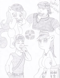 Size: 2552x3312 | Tagged: safe, artist:mc-ryan, fluttershy, rainbow dash, pegasus, pony, backwards ballcap, hat, heavy, heavy duty rag, hot dogger, laughing, monochrome, one-man army, sandvich, scout, team fortress 2