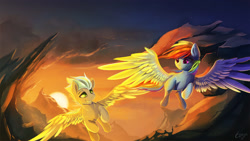 Size: 1701x957 | Tagged: safe, artist:tangomangoes, derpibooru import, rainbow dash, oc, oc:storm chaser, pegasus, pony, cliff, duo, female, flying, male, mare, stallion, sunset