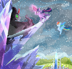 Size: 600x580 | Tagged: safe, artist:oxestai, derpibooru import, king sombra, rainbow dash, twilight sparkle, pegasus, pony, umbrum, unicorn, crystal empire, snow, snowfall, watermark