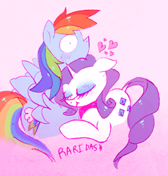 Size: 496x520 | Tagged: safe, artist:mushroomcookiebear, derpibooru import, rainbow dash, rarity, pegasus, pony, unicorn, backwards cutie mark, blushing, cuddling, female, heart, lesbian, raridash, shipping, snuggling