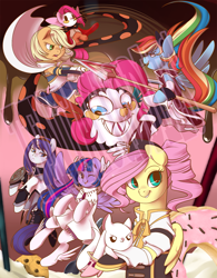 Size: 1000x1281 | Tagged: safe, artist:tentacuddles, derpibooru import, angel bunny, applejack, fluttershy, pinkie pie, rainbow dash, rarity, twilight sparkle, twilight sparkle (alicorn), alicorn, earth pony, incubator (species), pegasus, pony, unicorn, charlotte, emiri katou, female, homura akemi, kyouko sakura, kyubey, madoka kaname, mami tomoe, mane six, mare, puella magi madoka magica, sayaka miki, voice actor joke, watermark