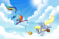 Size: 1000x667 | Tagged: safe, artist:x-chan-, derpy hooves, rainbow dash, pegasus, pony, female, fishing rod, flying, mailbag, mare, muffin