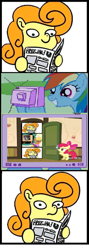 Size: 471x1328 | Tagged: safe, artist:muffinexplosion, apple bloom, carrot top, golden harvest, ms. harshwhinny, rainbow dash, earth pony, pegasus, pony, accepted meme that never ends, door meme, exploitable meme, female, forced meme, frown, hoof hold, looking at you, meme, memeception, newspaper meme, simple background, smiling, the meme that never ends