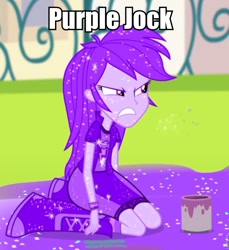 Size: 753x821 | Tagged: safe, screencap, rainbow dash, equestria girls, pinkie on the one, rainbow rocks, covered, image macro, irate, meme, purple, purple dash, purple jock, solo