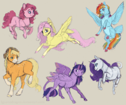 Size: 1120x935 | Tagged: safe, artist:cuttledreams, derpibooru import, applejack, fluttershy, pinkie pie, rainbow dash, rarity, twilight sparkle, twilight sparkle (alicorn), alicorn, classical unicorn, earth pony, pegasus, pony, unicorn, animated, cloven hooves, colored sketch, constellation, flying, gif, leonine tail, mane six, missing cutie mark, simple background, tail feathers, tongue out, unshorn fetlocks
