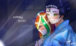 Size: 1646x1000 | Tagged: safe, artist:sirdashieyandere, derpibooru import, rainbow dash, soarin', human, blanket, cuddling, humanized, male, netflix, shipping, snuggling, soarindash, straight