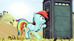 Size: 7680x4320 | Tagged: safe, artist:pointystarz, derpibooru import, rainbow dash, pegasus, pony, 3d, absurd resolution, cider mug, desperation, mug, need to pee, omorashi, port-a-potty, potty dance, potty emergency, potty time, solo, trotting in place