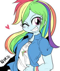 Size: 846x1000 | Tagged: safe, artist:nekubi, rainbow dash, equestria girls, armband, blushing, clothes, female, heart, looking at you, one eye closed, simple background, solo, white background, wink