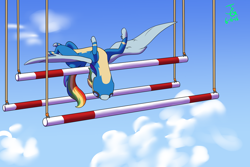 Size: 1024x683 | Tagged: safe, artist:joan-grace, derpibooru import, rainbow dash, pegasus, pony, acrobatics, backbend, clothes, solo, story in the source, wonderbolts uniform