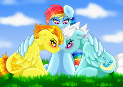 Size: 1280x904 | Tagged: safe, artist:xelectrobeats, derpibooru import, fleetfoot, rainbow dash, spitfire, pegasus, pony, blushing, embarrassed, female, fleetfire, lesbian, now kiss, rainbow the shipper, shipper on deck, shipping, tsundere