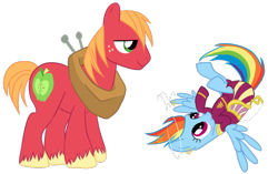 Size: 744x467 | Tagged: safe, artist:karmadash, big macintosh, rainbow dash, earth pony, pegasus, pony, inspiration manifestation, blushing, circling stars, clothes, dress, male, rainbow crash, rainbow dash always dresses in style, rainbowmac, shipping, smiling, stallion, straight