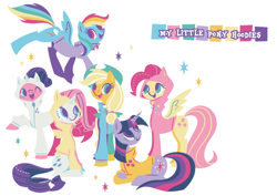 Size: 700x495 | Tagged: safe, artist:yousukou, derpibooru import, applejack, fluttershy, pinkie pie, rainbow dash, rarity, twilight sparkle, earth pony, pegasus, pony, unicorn, accessory swap, clothes, hoodie, mane six