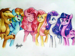 Size: 2048x1536 | Tagged: safe, artist:mannybcadavera, derpibooru import, applejack, fluttershy, pinkie pie, rainbow dash, rarity, twilight sparkle, twilight sparkle (alicorn), alicorn, earth pony, pegasus, pony, unicorn, mane six, traditional art, watercolor painting