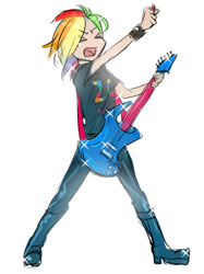 Size: 500x667 | Tagged: safe, artist:karashim, rainbow dash, human, rainbow rocks, guitar, humanized, pixiv, solo