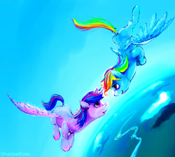 Size: 3793x3397 | Tagged: safe, artist:sharpieboss, rainbow dash, twilight sparkle, twilight sparkle (alicorn), alicorn, pegasus, pony, eye contact, female, flying, lesbian, mare, open mouth, shipping, sky, smiling, spread wings, twidash, vertigo