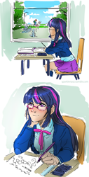 Size: 1383x2715 | Tagged: safe, artist:ddhew, rainbow dash, twilight sparkle, equestria girls, blushing, clothes, comic, female, humanized, lesbian, observer, school, shipping, skirt, table, twidash, window