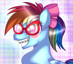 Size: 1700x1500 | Tagged: safe, artist:starshame, derpibooru import, rainbow dash, pegasus, pony, blushing, bow, braces, glasses, grin, hair bow, nerd, rainbow dork, smiling, solo