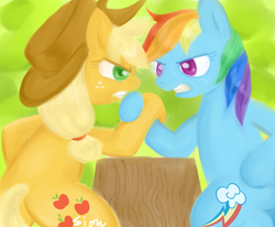 Size: 1280x1054 | Tagged: safe, artist:sion, derpibooru import, applejack, rainbow dash, earth pony, pegasus, pony, hoofwrestle