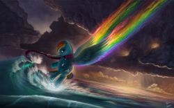 Size: 2000x1250 | Tagged: safe, artist:rain-gear, rainbow dash, pegasus, pony, clothes, epic, ocean, rainbow trail, scarf, scenery, solo, spread wings, trail, water