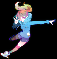 Size: 7800x8077 | Tagged: safe, artist:pachiiri, rainbow dash, human, absurd resolution, action pose, clothes, hoodie, humanized, ponytail, rainbow socks, shorts, socks, solo, striped socks, winged shoes