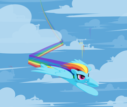 Size: 1994x1683 | Tagged: safe, artist:inlucidreverie, rainbow dash, pegasus, pony, cloud, cloudy, female, flying, grin, mare, rainbow trail, smirk, solo, speed trail, spread wings, trail, underhoof