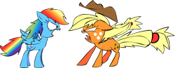 Size: 3535x1371 | Tagged: safe, artist:mushroomcookiebear, derpibooru import, applejack, rainbow dash, earth pony, pegasus, pony, blonde mane, blue coat, blue wings, duo, female, mare, multicolored mane, orange coat, wings