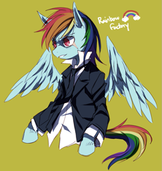 Size: 741x781 | Tagged: safe, artist:megarexetera, rainbow dash, pegasus, pony, fanfic:rainbow factory, clothes, solo, suit