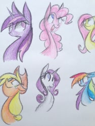 Size: 480x640 | Tagged: safe, artist:triplerainbowdash, derpibooru import, applejack, fluttershy, pinkie pie, rainbow dash, rarity, twilight sparkle, earth pony, pegasus, pony, unicorn, bust, mane six, portrait, sketch, traditional art