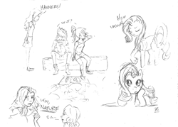 Size: 1280x915 | Tagged: safe, artist:demdoodles, derpibooru import, applejack, rainbow dash, rarity, sweetie belle, camp, camping, humanized, monochrome, sketch