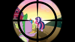 Size: 1366x768 | Tagged: safe, edit, screencap, rainbow dash, spike, twilight sparkle, dragon, pegasus, pony, crosshair, sniper