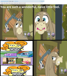 Size: 957x1086 | Tagged: safe, artist:muffinexplosion, edit, edited screencap, screencap, apple bloom, carrot top, cranky doodle donkey, golden harvest, rainbow dash, donkey, earth pony, pegasus, pony, a friend in deed, accepted meme that never ends, exploitable meme, female, frown, hoof hold, looking at you, meme, meta, newspaper meme, simple background, smiling, solo, tempting fate, the meme that never ends, the ride never ends