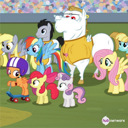 Size: 612x612 | Tagged: safe, screencap, apple bloom, bulk biceps, derpy hooves, fluttershy, helia, lucky clover, rainbow dash, scootaloo, sweetie belle, pegasus, pony, equestria games (episode), cutie mark crusaders, equestria games, female, hub logo, mare