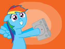 Size: 920x691 | Tagged: artist needed, safe, rainbow dash, pegasus, pony, blue coat, female, mare, multicolored mane, playstation, solo