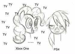 Size: 900x644 | Tagged: safe, artist:lauren faust, derpibooru import, edit, pinkie pie, rainbow dash, earth pony, pegasus, pony, console wars, fake, monochrome, playstation 4, xbox one