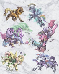 Size: 2000x2500 | Tagged: safe, artist:audrarius, derpibooru import, applejack, fluttershy, gummy, pinkie pie, rainbow dash, rarity, spike, twilight sparkle, dragon, earth pony, pegasus, pony, unicorn, action pose, armor, clothes, fantasy class, magic, mane seven, mane six, party cannon