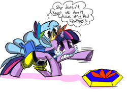 Size: 500x364 | Tagged: safe, artist:fauxsquared, rainbow dash, twilight sparkle, pegasus, pony, backpack, banjo kazooie, belt, clothes, crying, flight pad, parody, shorts