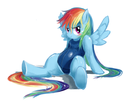 Size: 1200x1003 | Tagged: safe, artist:kai(ry, rainbow dash, pegasus, pony, blushing, clothes, one-piece swimsuit, pixiv, school swimsuit, solo, swimsuit