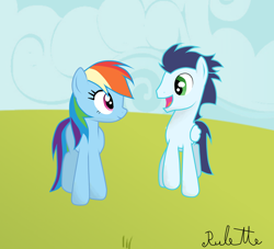 Size: 1024x931 | Tagged: safe, artist:rulette, rainbow dash, soarin', pegasus, pony, female, male, shipping, smiling, soarindash, straight