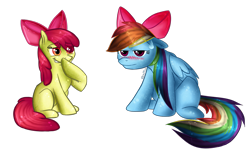 Size: 1233x759 | Tagged: safe, artist:lavica95, apple bloom, rainbow dash, pegasus, pony, accessory swap, blushing, bow