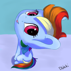 Size: 4000x4000 | Tagged: safe, artist:dbleki, derpibooru import, rainbow dash, pegasus, pony, absurd resolution, filly, filly rainbow dash, impossibly large head, looking at you, solo, tongue out, wingless