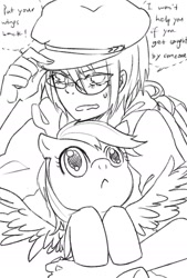 Size: 1181x1748 | Tagged: safe, artist:daikoku, rainbow dash, human, dialogue, lineart, monochrome, pixiv