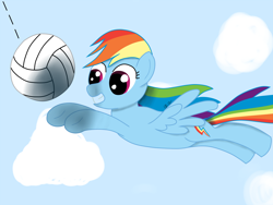 Size: 1000x750 | Tagged: safe, artist:chromadancer, derpibooru import, rainbow dash, pegasus, pony, flying, solo, volleyball