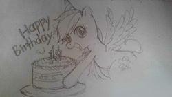 Size: 960x540 | Tagged: safe, artist:daikoku, rainbow dash, pegasus, pony, cake, monochrome, pixiv, solo