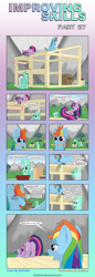 Size: 1920x5558 | Tagged: safe, artist:bcrich40, lyra heartstrings, rainbow dash, twilight sparkle, unicorn twilight, pegasus, pony, unicorn, comic:improving skills, comic, dialogue, eyes on the prize, female, hammer, improving skills, insulation, lesbian, levitation, magic, magic aura, mare, mouth hold, nails, plot, presenting, shipping, telekinesis, twidash, wingboner